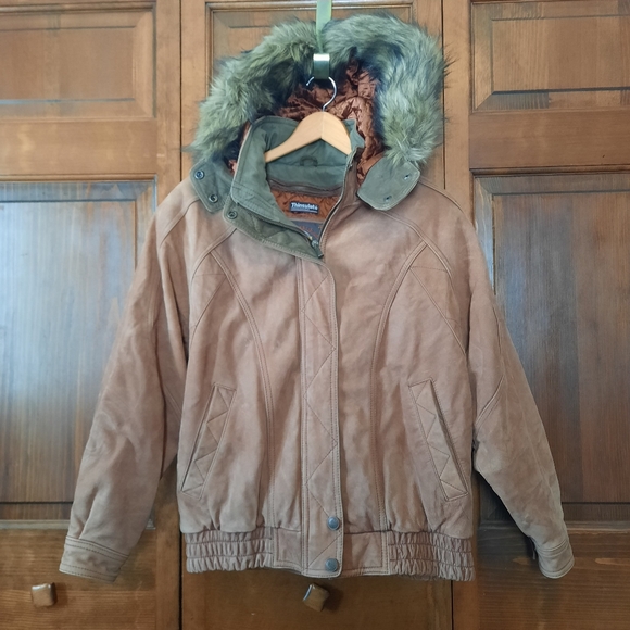 Vintage Wilsons Suede Leather Fur Hooded Brown Bomber Jacket Thinsulate Size M
